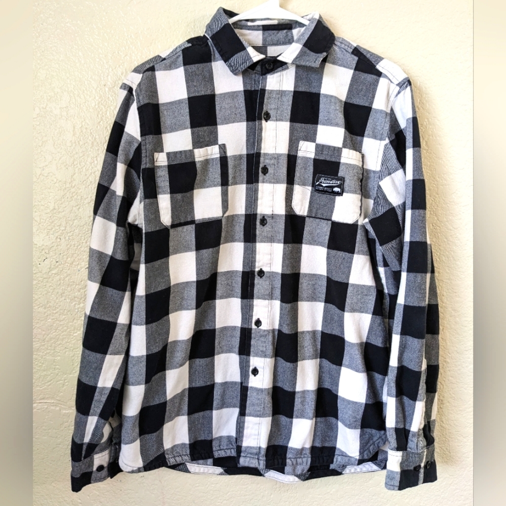 Primitive Black and White Buffalo Plaid Flannel Button Down Shirt